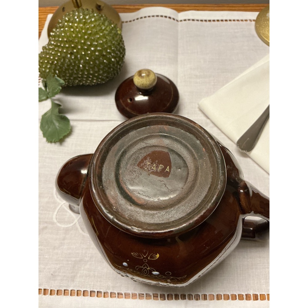 Vintage Japanese Ceramic Teapot Brown Drip Glaze Hand Painted Floral Hexagonal - Picture 9 of 11